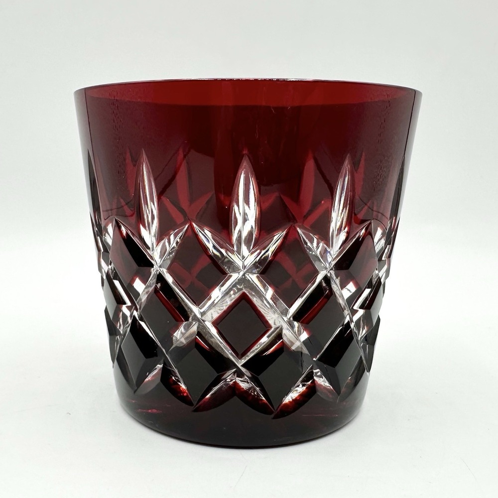 Ajka Red Crystal Cut To Clear Whiskey Lowball Glass Bohemian Hungary